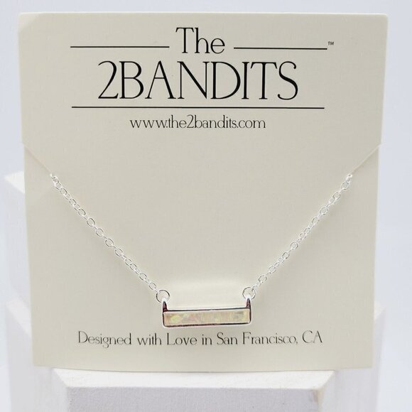 The 2Bandits Athens Iridescent Faux Opal Bar Necklace Silver Tone Minimalist New - Picture 2 of 4